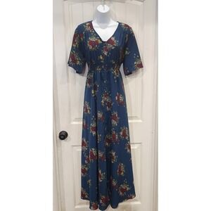 Wren & Ivory Women's L Navy Floral Maxi Dress Smocked Waist Button Front